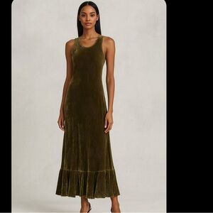 April Cornell Olive Green Whimsical Velvet Floral Maxi Dress Fairycore Size Lg.
